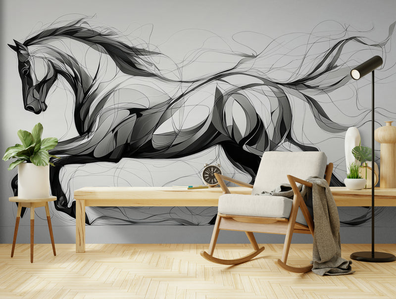 Papier Peint Illustration - Cheval Noir Et Blanc