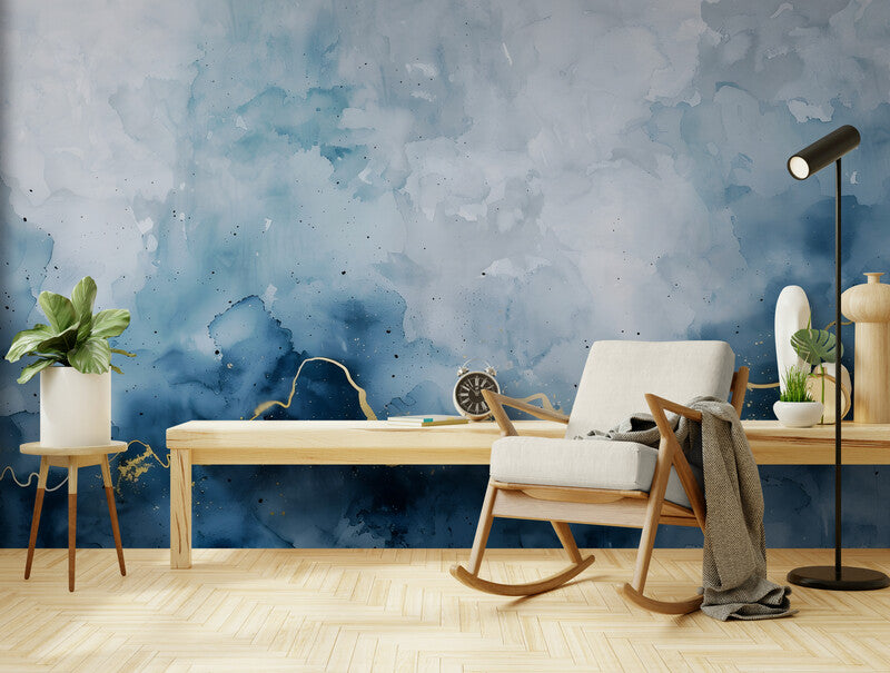 Papier Peint Aquarelle - Bleu Et Doré Élégant
