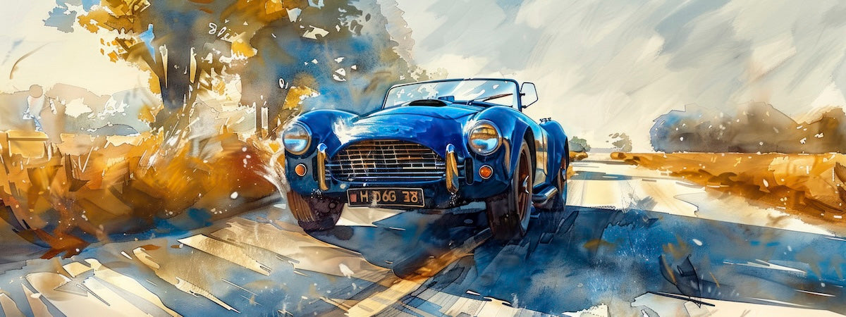 Papier peint voitures - cabriolet bleu vintage style aquarelle