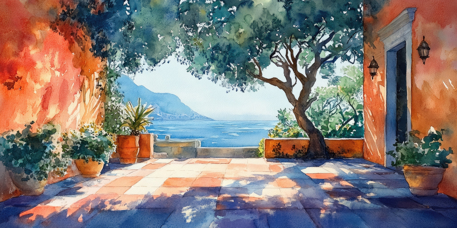 Papier peint campagne - patio ombragé sur la mer
