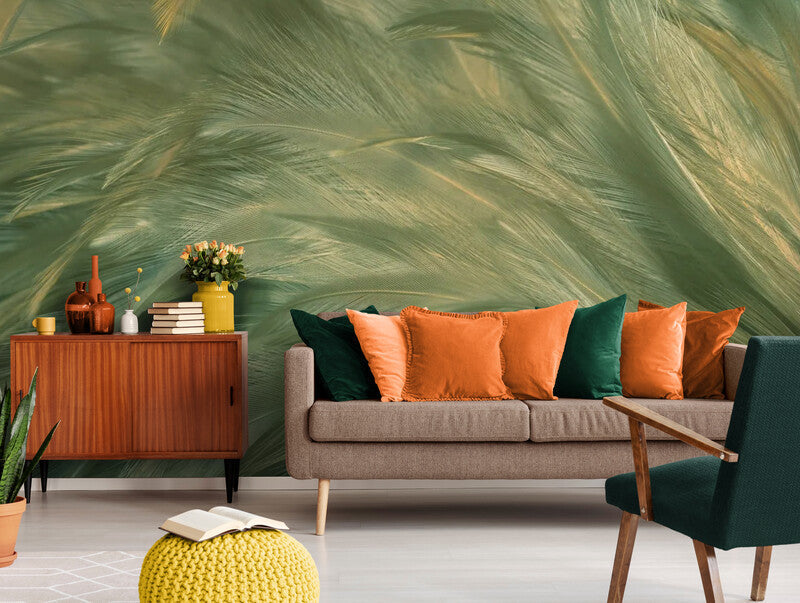 Papier Peint Design- Plumes Vertes