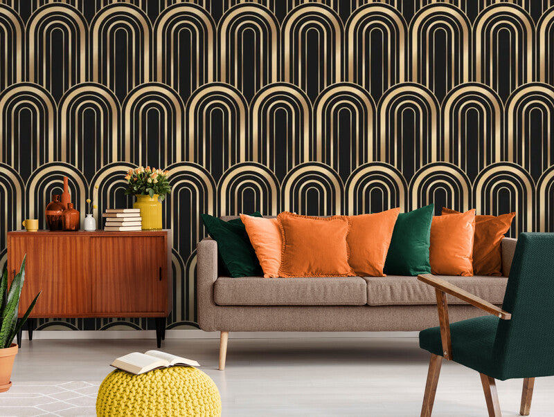 Papier Peint Imitation - Motifs Géométriques Noir Et Doré