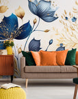 Papier Peint Contemporain - Floral Bleu Et Jaune