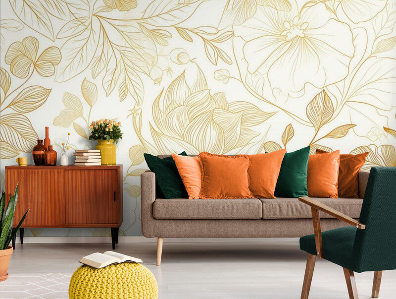 Papier Peint Floral - Fleurs Dorées
