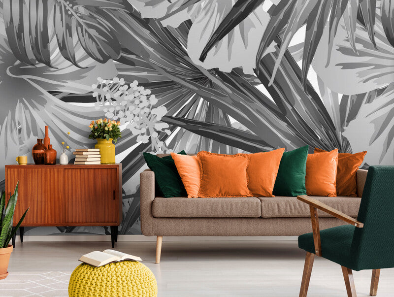 Papier Peint Design - Feuillage Tropical Argenté