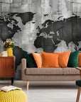 Papier Peint Art & Déco - Carte Du Monde Noir Et Gris