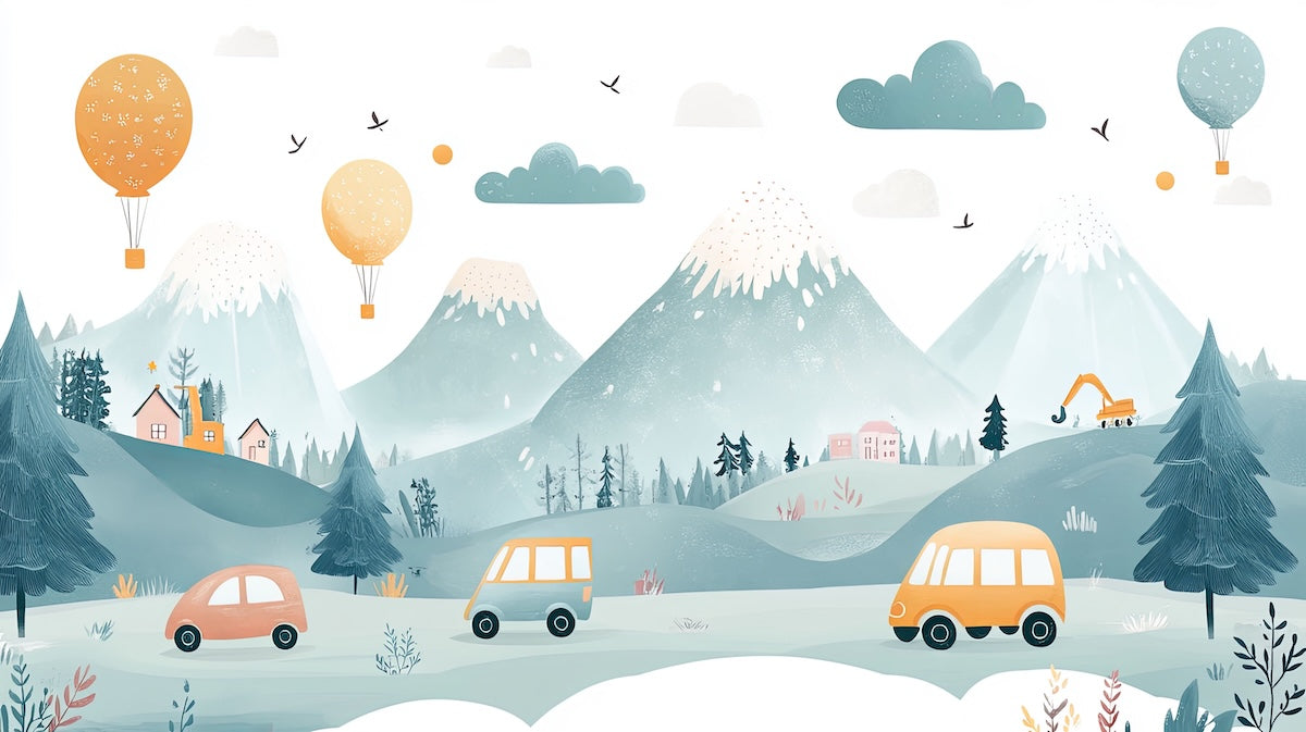 Papier peint enfants - petits camions et sapins pastel