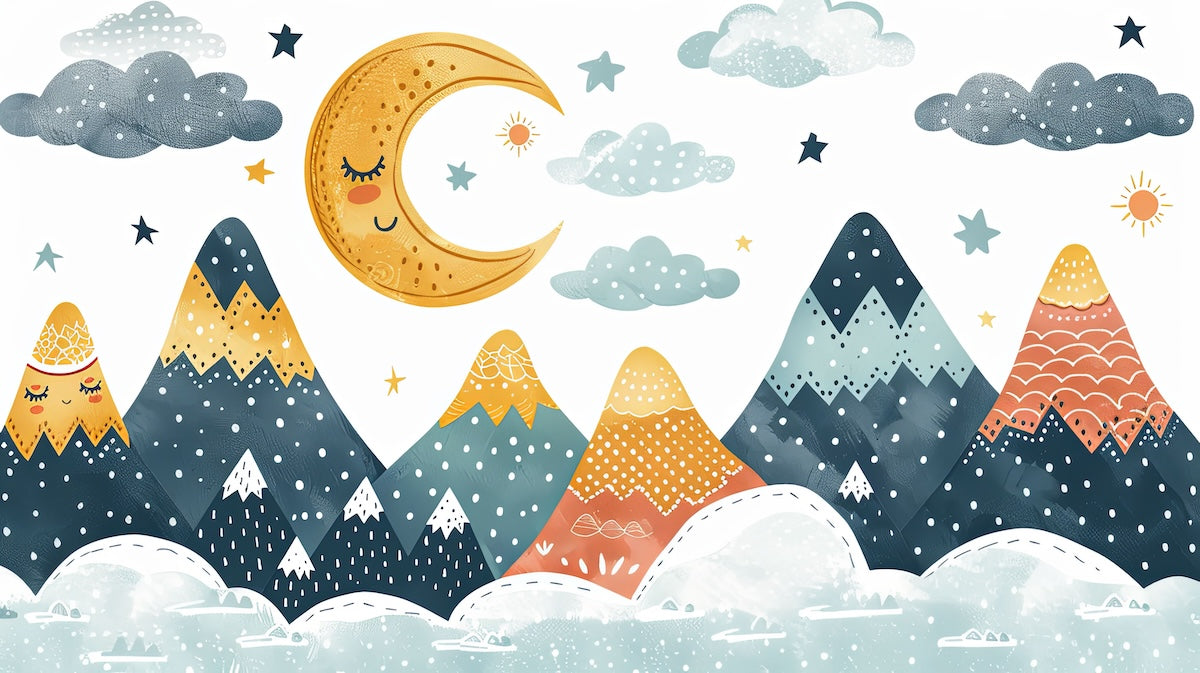 Papier peint enfants - croissants de lune et montagnes graphiques