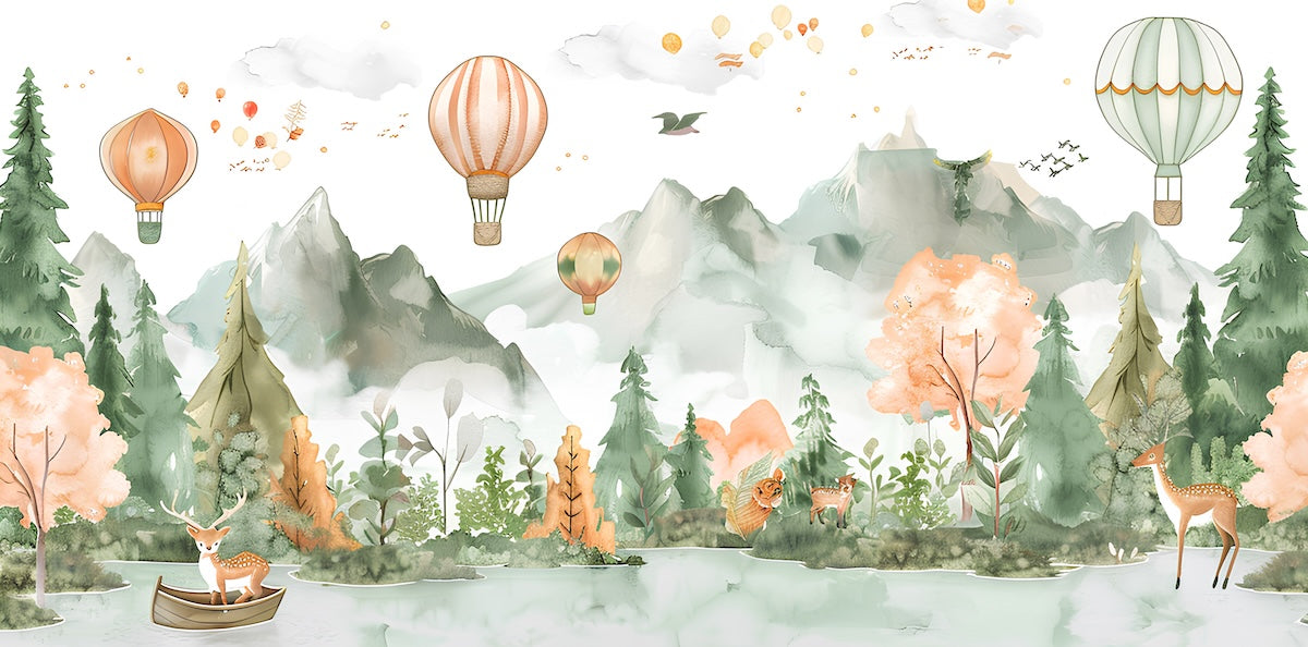 Papier peint enfants - montgolfières volant au-dessus de la forêt