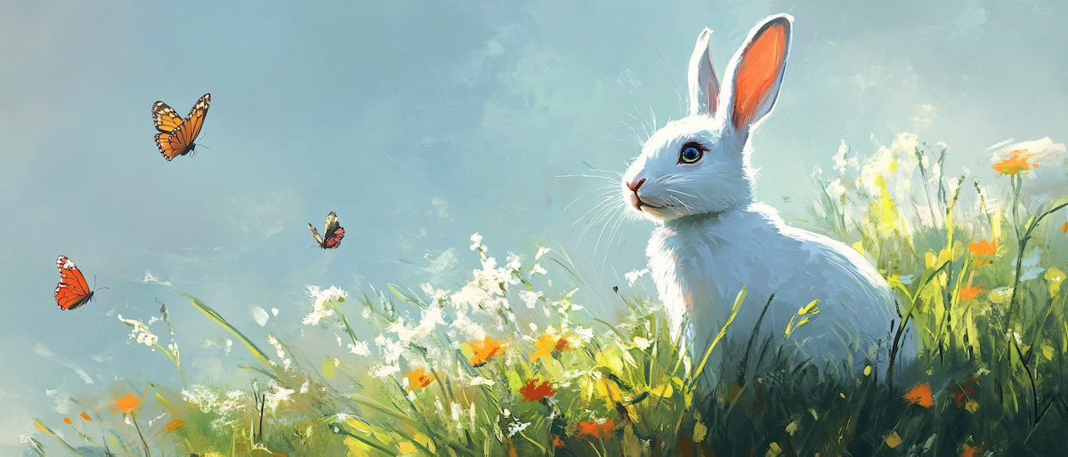 Papier peint animaux - petit lapin blanc dans un champ fleuri