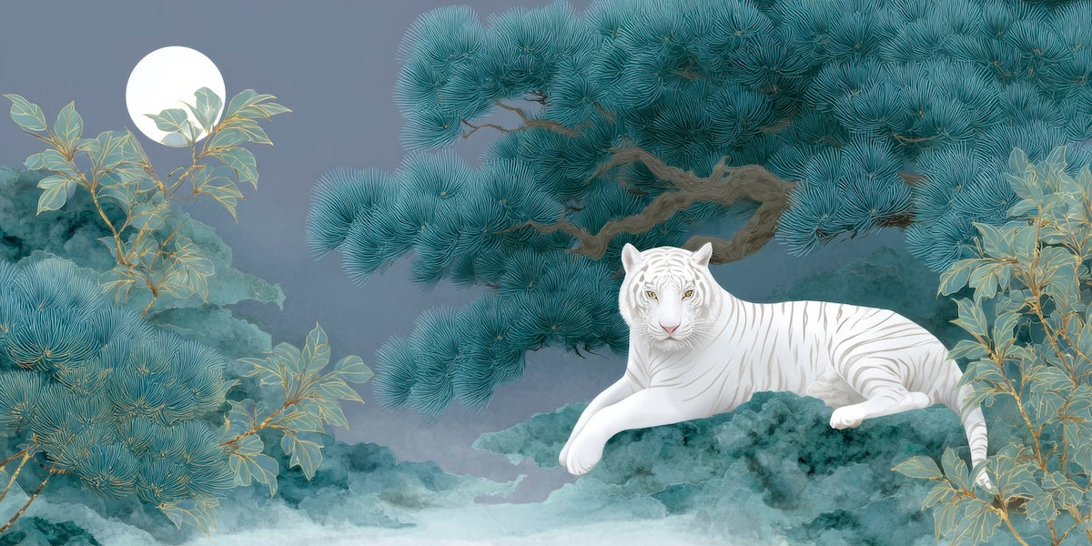 Papier peint animaux - tigre blanc couché dans une forêt de bambous bleus