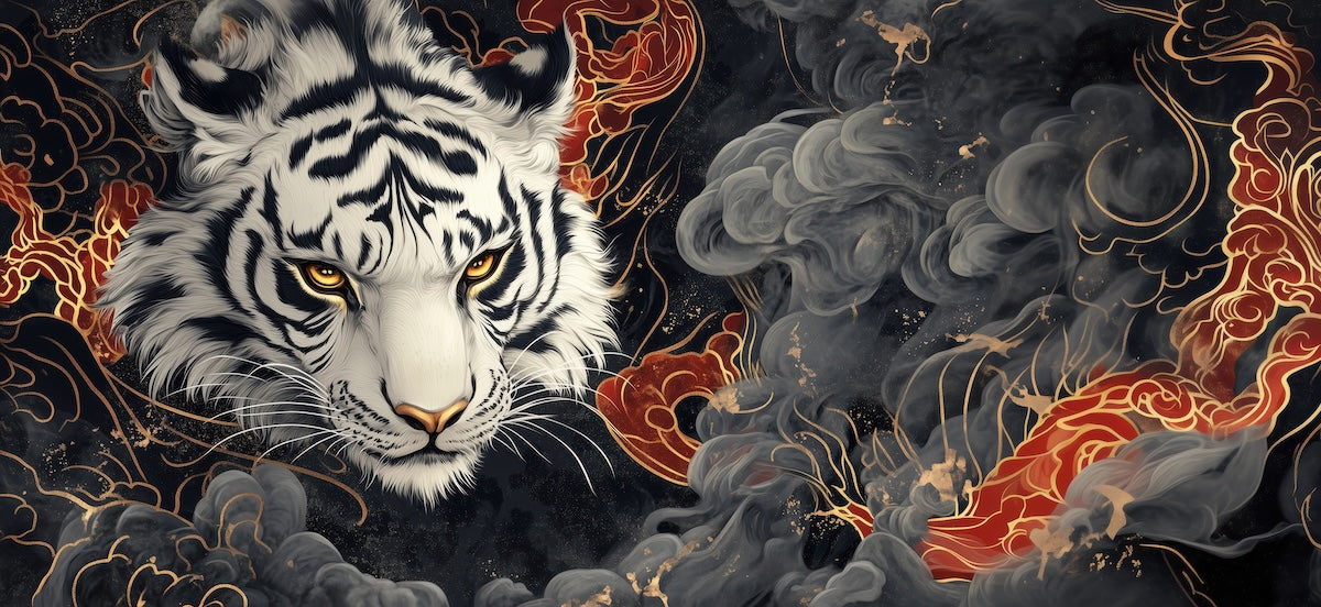 Papier peint animaux - tigre blanc entouré de vagues et de nuages sombres