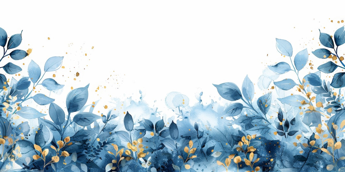 Papier peint fleuri - feuillage bleu et or aquarelle