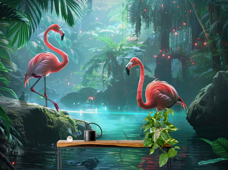 Papier Peint Exotique - Flamants Bleus