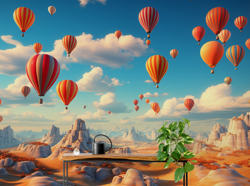 Papier Peint Illustration - Montagnes Géométriques Et Montgolfières