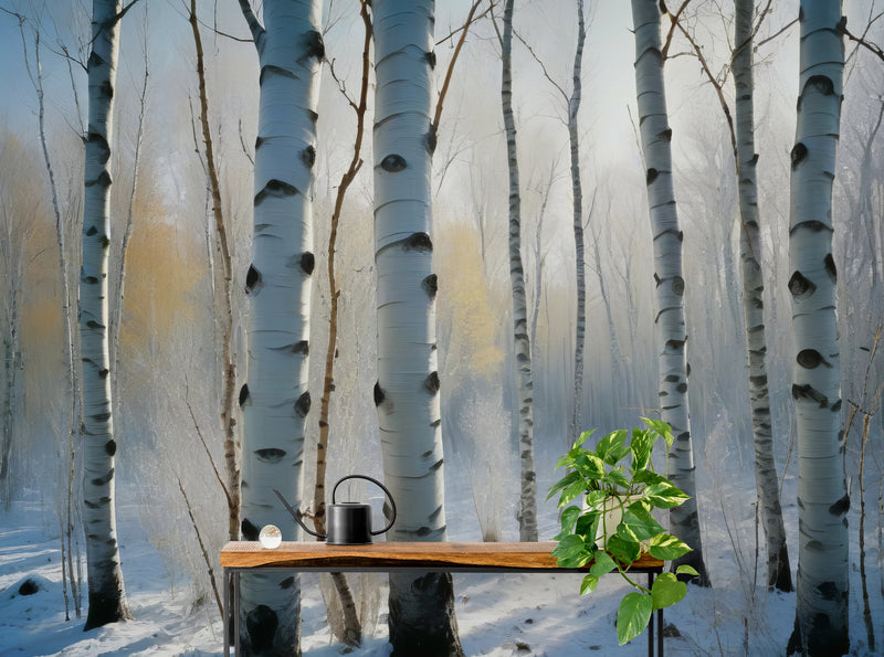Papier Peint Paysage - Forêt De Bouleaux Enneigée