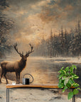 Papier Peint Illustration - Forêt Enneigée Et Cerf