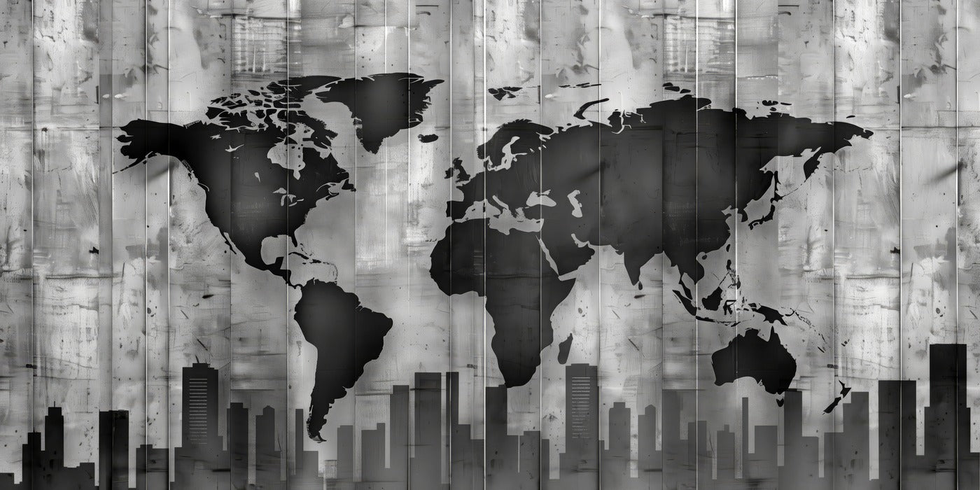 Papier Peint Art & Déco - Carte Du Monde Noir Et Gris