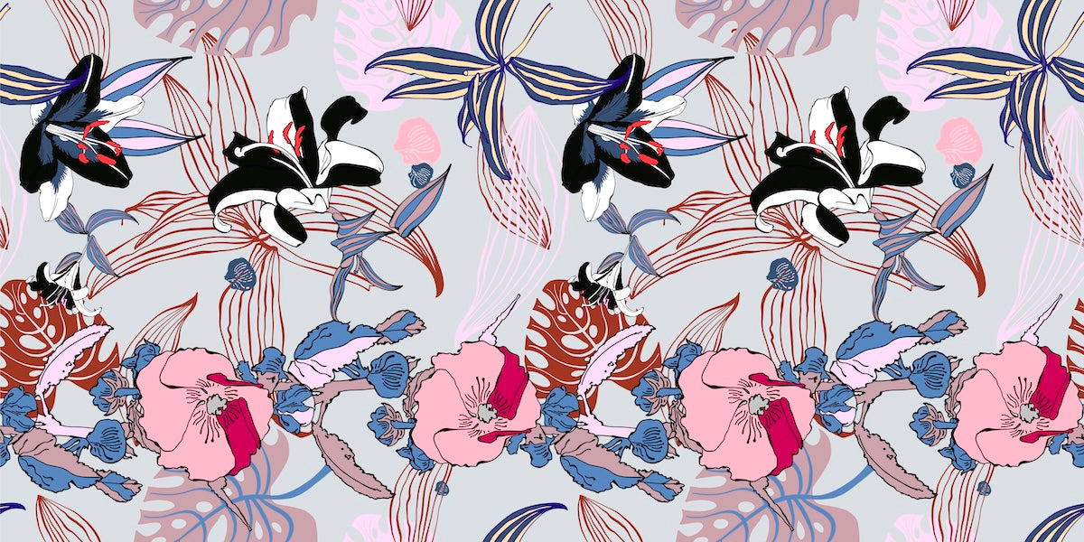 Papier peint nature - oiseaux et fleurs roses style estampe asiatique