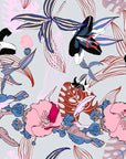 Papier peint nature - oiseaux et fleurs roses style estampe asiatique